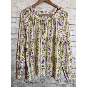 Jane‎ Delancey Prairie Top Womens XL Purple & Gold Floral Peasant Balloon Sleeve